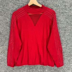 Madison Sweater Pullover Women L Large Red Knit Long Sleeve High Neck Rhinestone